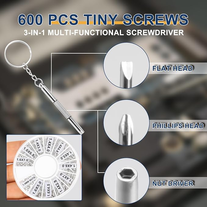 Rimless Glasses Frame Tools - Optician Plier Set with 600 Pcs Tiny Screws, Adjusting Eyeglass Arms, Repairing Eye Glass, Sunglass, Jewelry, Watch