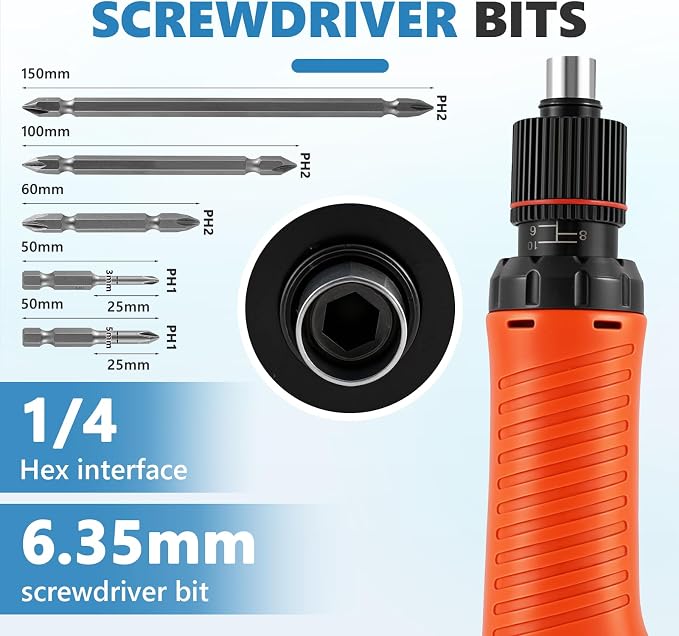 MXBAOHENG Electric Screwdriver Set Automatic Screw Driver Drill Tool Torque Adjustable 6.35mm Bit for 2.0-6.0mm Screws 110-220V