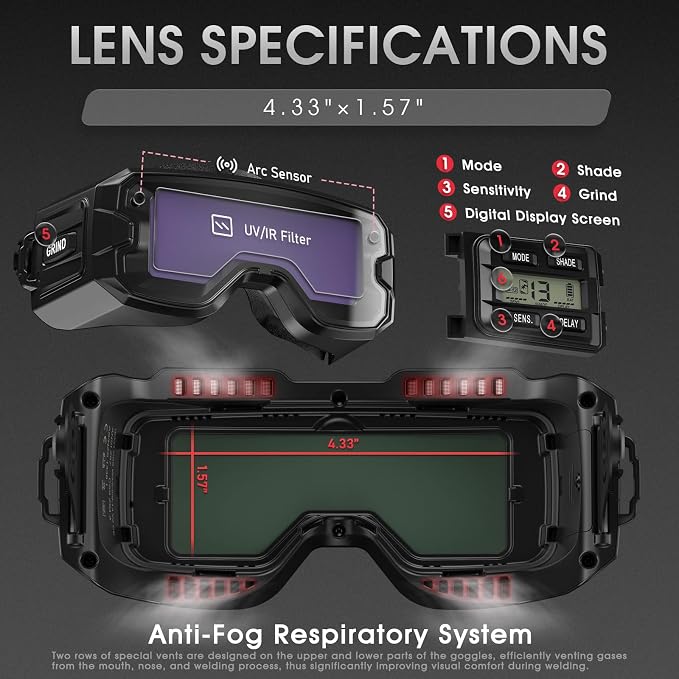 YESWELDER Auto Darkening Welding Goggles Kit with Mask, LED Lighting, True Color 2 Arc Sensors Wide Shade 3/5-9/9-13 Welding Glasses Welding Helmet for TIG, MIG, ARC, CUT and Grind