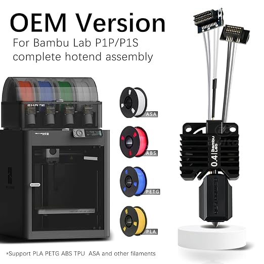 Original Bamboo Lab P1 Hotend Assembly Complete with Hardened Steel 0.4mm Nozzle,Ceramic Heater, Thermistor, Cooling Fan,Silicone Sock for P1S P1P 3D Printer Extruder Heating Block Replacement