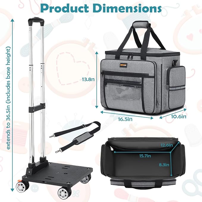 Sewing Machine Case with Wheels - Detachable Rolling Sewing Machine Case Fits Most Standard Sewing Machines And Storage Sewing Accessories, For Singer, Brother, Janome, Grey