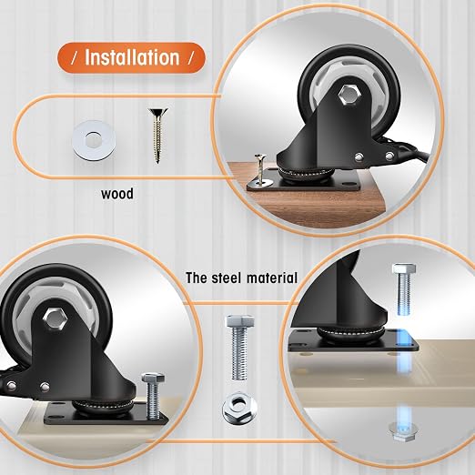 Casters, 3" Caster Wheels，Casters Set of 8 Heavy Duty - ASRINIEY Black Polyurethane Castors, Top Plate Swivel Wheels, 8-Pack Industrial Casters with Brake, Locking Casters for Furniture and Workbench