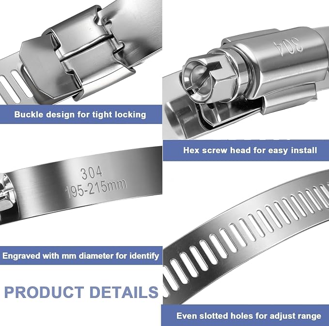 12Pack 8 inch Hose Clamps,Stainless Steel Large Hose Clamp Adjustable from 7-3/4"-8-1/2"/195-215mm,Metal Worm Gear Duct Clamp for Dryer Vent Hose,Fuel Line,Plumbing,Automotive,Exhaust,Radiator