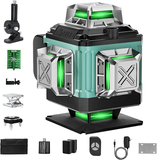 16 Lines Laser 360 Level Self Leveling, 130Ft 4x360° Green Cross Line laser Level for Construction and Picture Hanging, Lazer Leveler Tool with 2 2400 mAh Batteries,Magnetic Bracket & Remote Control