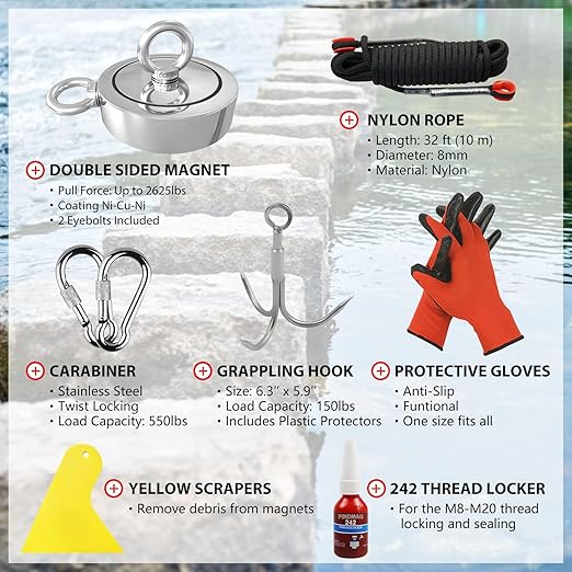 2625 lbs Fish Magnets Kit, Double Sided Magnet Fishing Kit with Rope, Super Strong Fishing Magnet for Retrieving Items in River, Lake, Beach, Lawn, 4.57" Diameter