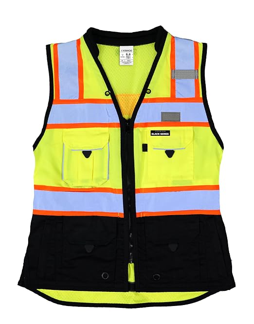 Kishigo Women's High Visibility Reflective Premium Black Series Heavy Duty Surveyors Vest S5021, Zipper Closure, Polyester, ANSI 107 Type R/Class 2, Multiple Pockets for Tools (Lime/Black, L)
