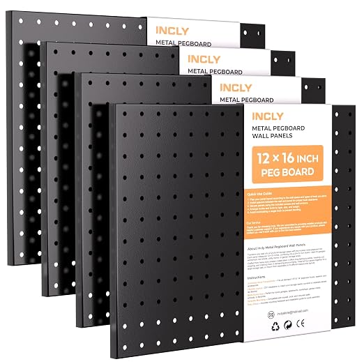 INCLY 4 Pack Peg Board, 12"x16" Upgrade Thicker Heavy Duty Metal Pegboard Panels, Black Pegboard Wall Organizer, Peg Board Panels for Walls Home, Garage Tools Storage, Shed, Craft Room, Kitchen