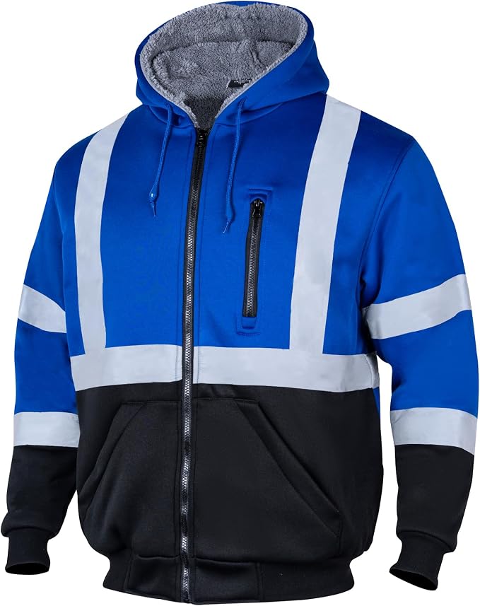 VENDACE Men's ANSI Class 3 High Visibility Safety Reflective Sweatshirts Wool Fleece Zipper Jacket Hoodie with Black Bottom(Royal Blue,L)