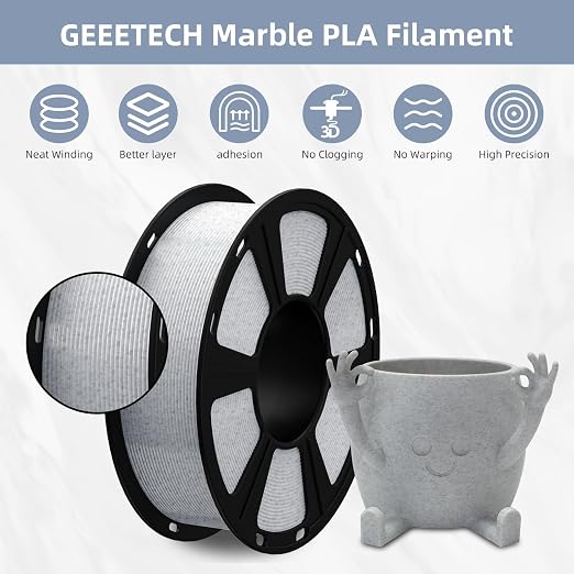 Geeetech Marble PLA 3D Printer Filament, Stone-Like Appearance, 1kg Spool (2.2lbs), 1.75mm Dimensional Accuracy +/- 0.02 mm, Marble White-Grey Color