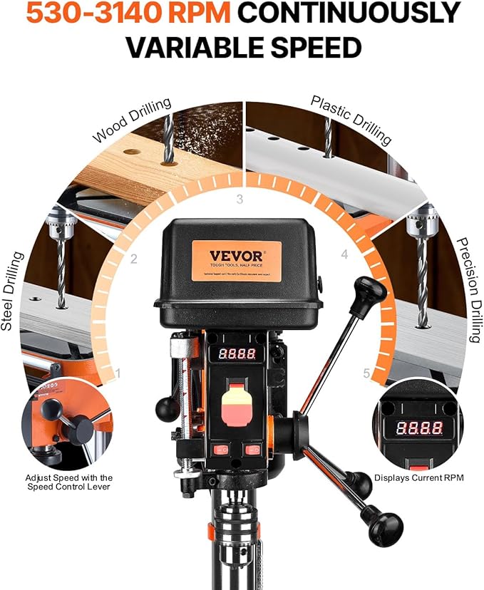VEVOR 12 in Benchtop Drill Press, 5 Amp 120V, Variable Speed Cast Iron Bench Drill Press, 12 in Swing Distance 0-45° Tiltling Worktable with Laser Work Light, Tabletop Drilling Machine for Wood Metal