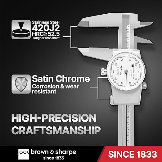 Brown & Sharpe 6-Inch Dial Caliper – Precision Stainless Steel Measuring Tool, White Dial, 0.001" Resolution, Hardened Construction, Shockproof Movement