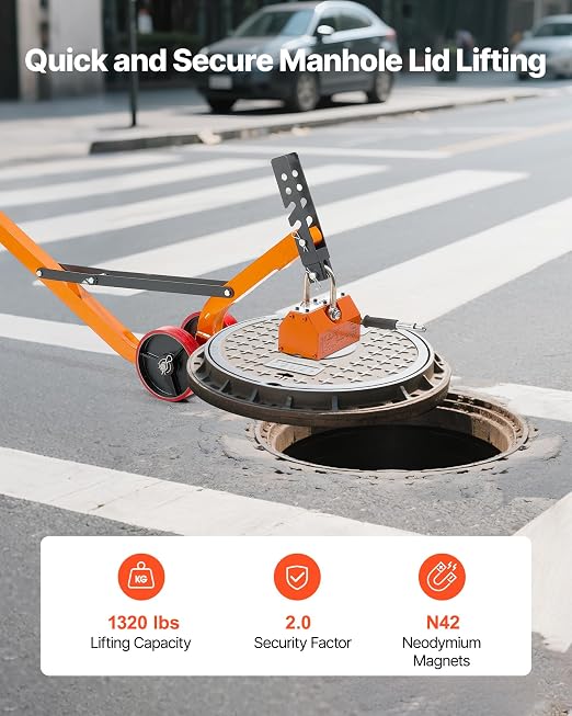 VEVOR Magnetic Lid Lifter Dolly, 1320 lbs Pulling Capacity, Steel Dolly with Heavy Duty Magnet Lift and 2 Wheels, Adjustable Handle, N42 Neodymium, Foldable and Portable, for Lifting Manhole Covers