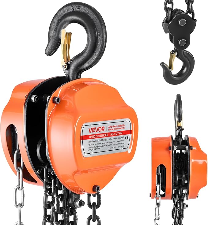 VEVOR Hand Chain Hoist, 2 Ton 4400 lbs Capacity, Manual Chain Block with Upgrade G80 Galvanized Chain, 20 ft Lifting Height, Heavy Duty Pulley Hoist for Garage Warehouse Automotive Machinery, Orange