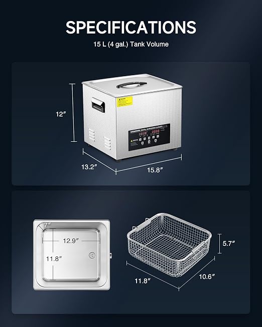 CREWORKS 15L Digital Ultrasonic Cleaner with Degas Gentle Modes, 4 gal. Ultrasonic Cleaning Machine, 360W Professional Ultrasound Cleaner with 450W Heater & 30 min Timer for Auto Machine Parts Tools