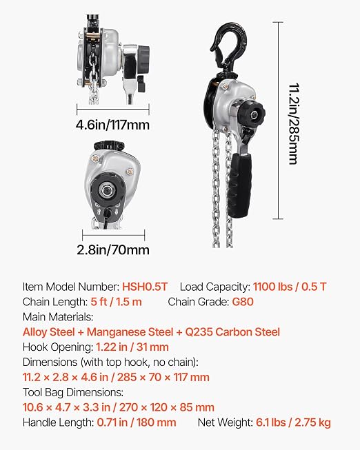 VEVOR Manual Lever Chain Hoist, 1/2T 1100LBS Capacity Heavy Duty Come Along, 10FT Lift G80 Alloy Steel Chain with Dual Pawl Mechanical Brake,360°Rotating Hooks, for Warehouse Construction Garage