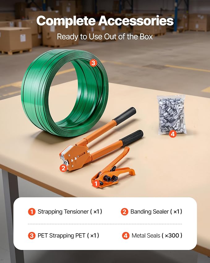VEVOR Banding Strapping Kit, Heavy Duty Banding Sealer Tool with 1000 ft Length PET Band, 300 Metal Seals, Plastic Manual Pallet Packaging Strapping Kit for Warehouse/Shipping/Moving/Home, Orange