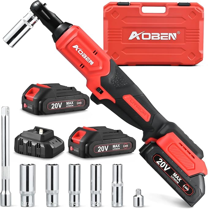 AOBEN 20V 3/8" Cordless Ratchet Wrench Kit, 60 Ft-lbs Brushless Electric Power Ratchet with Variable Speed, 2X2000mAh Lithium-Ion Battery, Charger, 8 Deep Sockets, 1/4" Adaptors, 6" Extension Bar