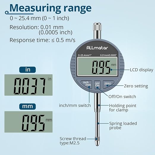 Digital Dial Indicator with Magnetic Base 70kg, 0-1 Inch/25.4mm Precision Measuring Tool Kit,22 Testing Tips for Lathe,3D Printer,Milling Machine Alignment & Car Repair Workshop Woodworking