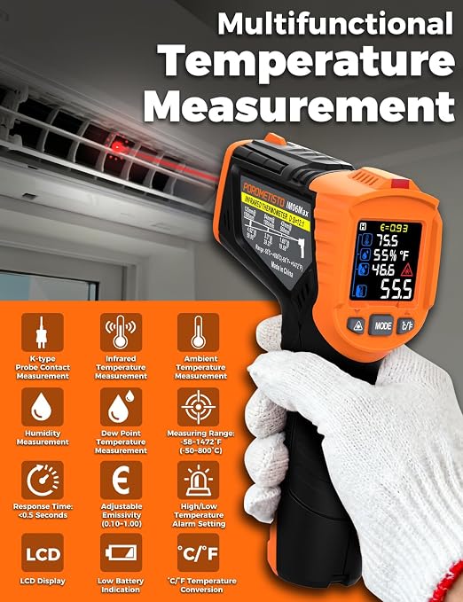4 in 1 Temperature Gun POROMETISTO 4 Types of Alarm Setting,-58-1472°F Measure Infrared/Ambient Temperature Humidity Infrared Thermometers,Industrial Laser Thermometer Gun with K-Type Probe