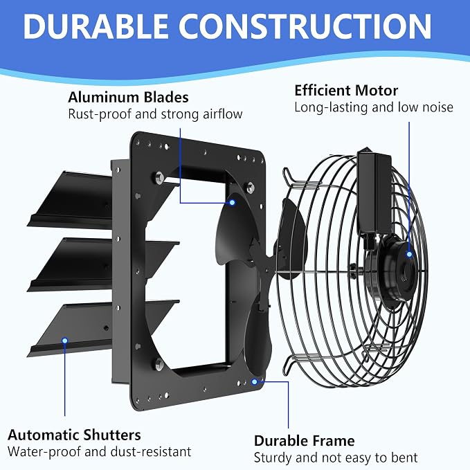 10 Inch Shutter Exhaust Fan, Aluminum Wall Mounted Exhaust Fan with Power Cord,844 CFM High Speed Automatic Louvered Vent Fan for Greenhouse, Factory,Shop,Garage, ETL Listed