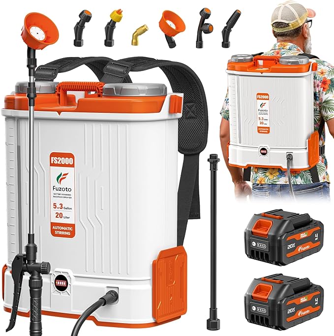 Battery Powered Backpack Sprayer 5.3 Gallon for Lawn, Garden, Yard | Built-in Mixing System,5.3GAL,45-90PSI Adjustable Pressure,6 Hours Long Battery Life,6 Spray Nozzles,39" Telescopic Wand