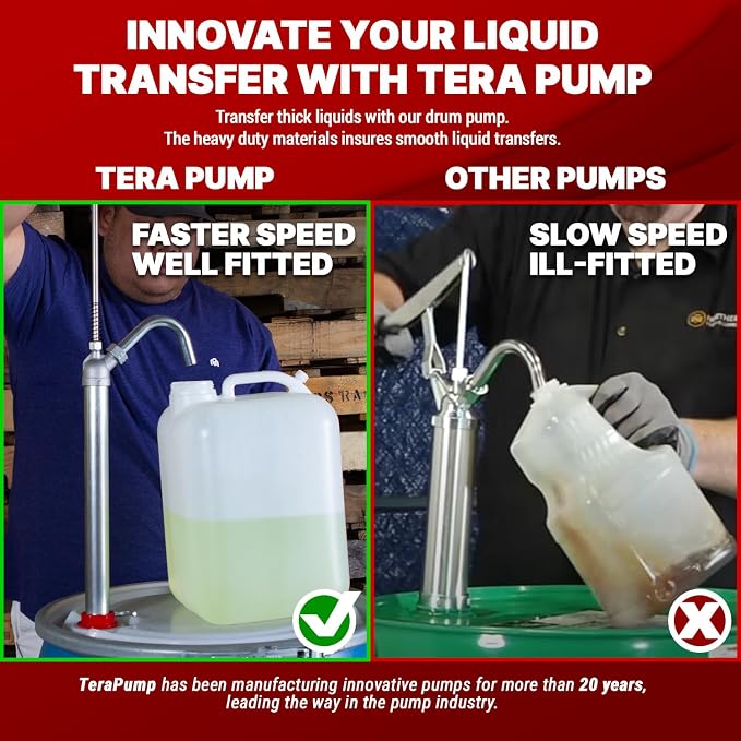 TERA PUMP - Steel Vertical Lift Drum Barrel Pump - Manual High-Efficiency Fluid Transfer for 15 to 55 Gal Barrels, 26oz per Stroke, Versatile for Antifreeze, Diesel, Kerosene and Other Thick Liquids