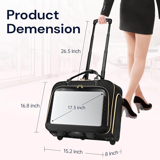 Ytonet Rolling Teacher Bag, Rolling Briefcase for Women, 17.3 Inch Rolling Laptop Bag with Lock, Water Rresistant Wheeled Computer Bag, Roller Bags for Work Travel Overnight, Black