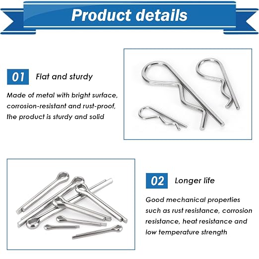 220Pcs Cotter Pin Assortment Kit - 304 Stainless Steel 13 Sizes Cotter Pins & R Clips Cotter Pin Set for Hitch Pin Lock Systems