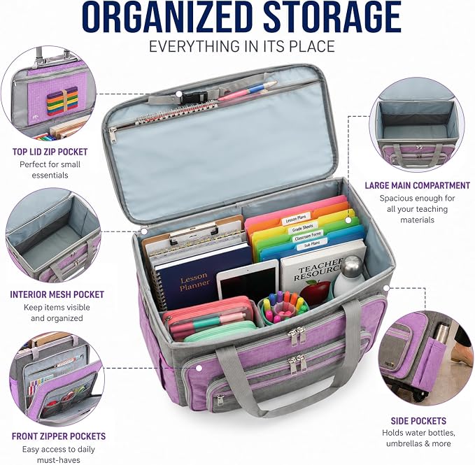 Upgraded Rolling Bag with Detachable Dolly, Heavy Duty Wheeled Teacher Bag, Multifunctional Rolling Briefcase for Work, Office, Craft Storage & Travel (Purple)