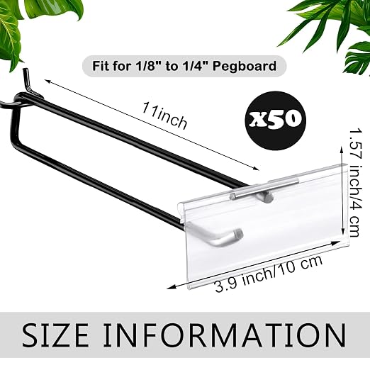 Tandefio 50 Pack 11 Inch Black Metal Peg Board Hooks with Clear Plastic Label Holder Stainless Steel Display Pegboard Hooks for 1/8'' to 1/4'' Pegboard Wall for Garage Storage Retail Shop Supplies