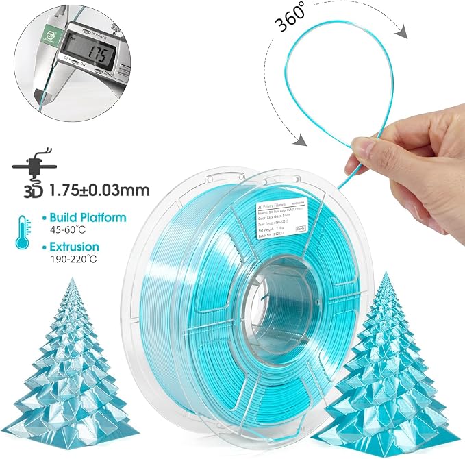 iSANMATE 3D Printer Filament, PLA Filament 1.75mm Dual Color Filament, Shiny Silk PLA Coextruded Filament, 1 kg/Spool (Lake Green and Silver)