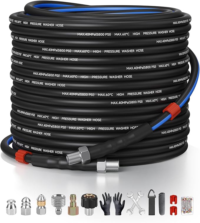 Sewer Jetter Kit for Pressure Washer 100ft – 5800PSI Drain Cleaning Hose 1/4" NPT Corner with High-Pressure Nozzles, Watering Spray Nozzle, Sewer Cleaning Tools & Easy-to-Store Strap