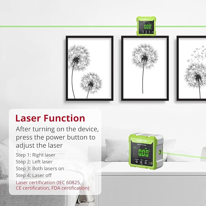 XUNTOP 4x90° Digital Angle Finder with Green Laser(Class 2, <1mW Output) 4 Sided Strong Magnetic Digital Angle Gauge Rechargeable IP54 Waterproof Level Box with VA Display for Woodworking Construction