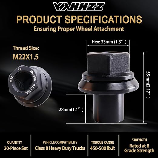 20PCS M22x1.5 Wheel Nuts,Two Piece 28mm Sleeve Flanged 33mm Hex Hub Pilot/Unimount