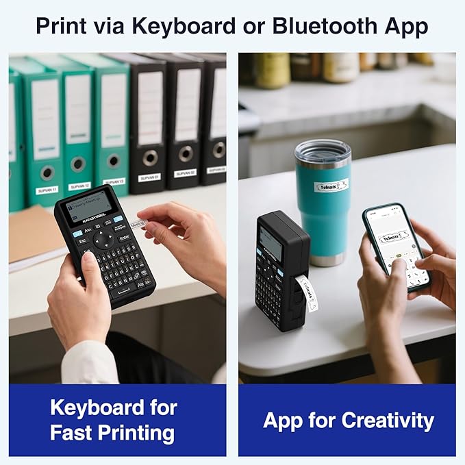 SUPVAN E11 Bluetooth Label Maker Machine, Support Keyboard & App with 30+ Fonts and 660+ Icons, Rechargeable Inkless Labeler for Home, Kitchen, Office, School, Organization, Black