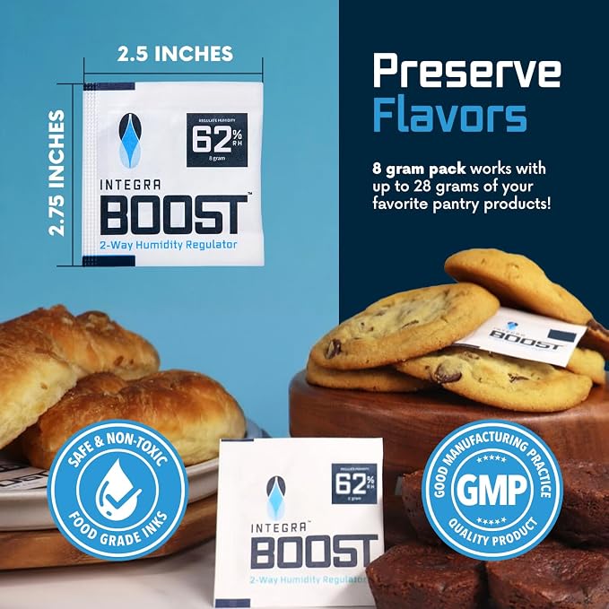 Integra Boost 62% RH, 2 Way Humidity Control Packs – 8g Size for Storing 1 oz – Pack of 144 Moisture Absorbers for Small Jars & Containers – Humidifier Packets for Herbs, Spices in Retail Display Box