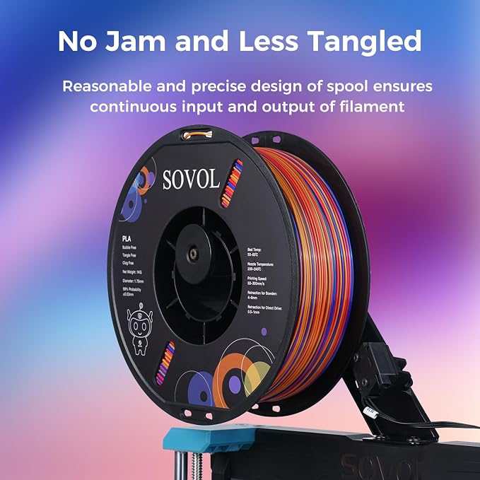 Sovol Silk PLA Filament Rotated Tri Color Co-Extrusion 1.75mm, Fast Change 3D Printer Filament 1kg/ 2.2lbs, Red Gold Blue 3 in 1 Coextrusion PLA Material +/-0.03mm