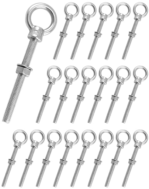 QWORK M10×100mm Stainless Steel Shoulder Eye Bolts – 20 Pack 3/8" x 4" Threaded Eyebolts, Metric Thread Anchors for Lifting, Rigging & Mounting