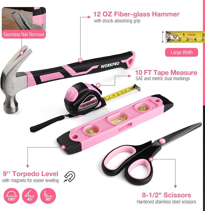 WORKPRO Pink Tool Set, 277 PCS Home Repairing Tool Kit, Pink Tool Bag with 13-Inch Wide Mouth Open Storage Bag, Portable Home Tool Kit Including Hammer, Screwdriver, and Household Tools - Pink Ribbon