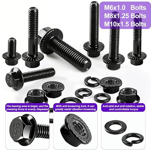 Taiss 400PCS Metric Flange Bolt Assortment Kit,M6x1.0, M8x1.25, M10x1.5 Bolts(12mm to 45mm),Hex Bolts and Nuts Washers Kit,Metric Bolt Assortment,10.9 Black Zinc Galvanized