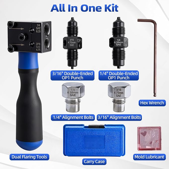 8MILELAKE 7-Piece Brake Line Flaring Tool Kit, 3/16" 1/4" Double Flaring Tool for 45° Single Double Bubble Flares, Brake Flare Tool for Vehicle Brake & Hydraulic Line Repair