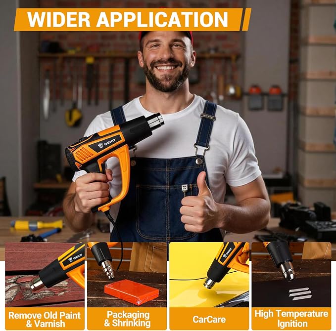 Heat Gun Hot Air Gun: DEKOPRO 1800W Heat Guns with Variable Temperature Control 120℉-1200℉/50℃- 650℃, Heat Guns for Crafting, Vinyl Wrap, Shrink Wrap with Overload Protection & 4 Nozzles