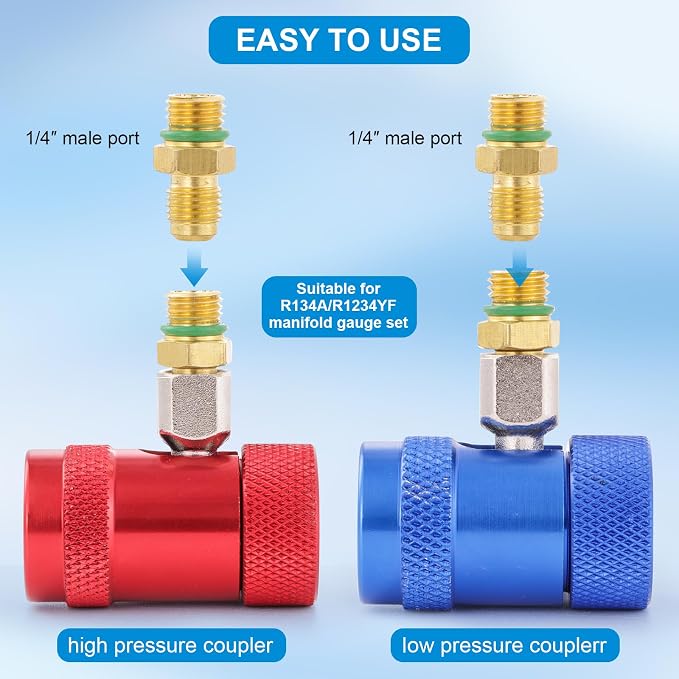 A2L Manifold Gauge Set, 3 Way AC Refrigerant Charging Hoses, R1234YF High and Low Quick Coupler with R1234YF Self-Sealing Can Tap, 5FT HVAC Manifold Gauge Hose Kit for R1234YF/R410A/R32/R454B/ system