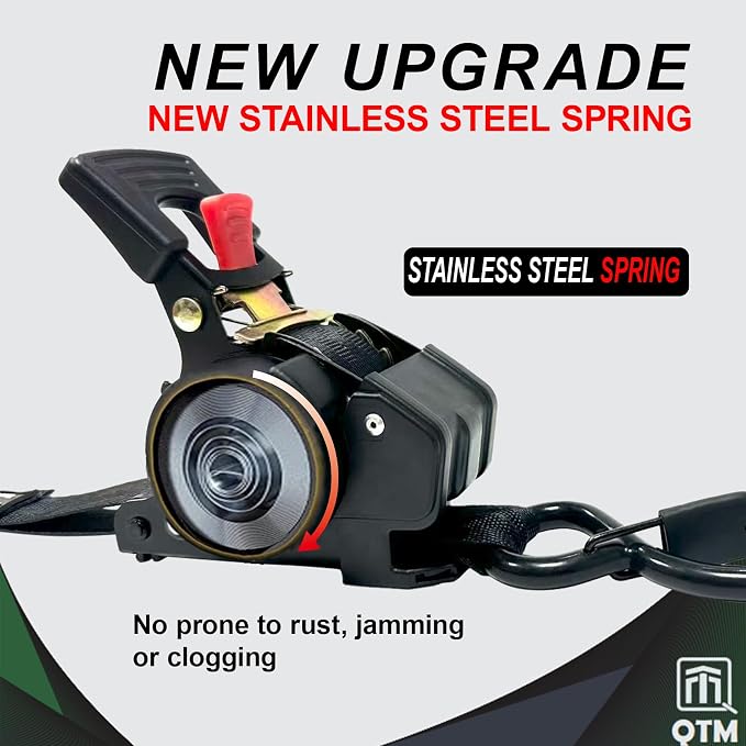 QTM 4-Pack Black Stainless Steel Spring Retractable Ratchet Straps 1" x15' with Soft Loops, Heavy Duty, 2,000lbs Breaking Strength, with Storage Bag, Best for Cargo, Truck, Bicycle, Motorcycle
