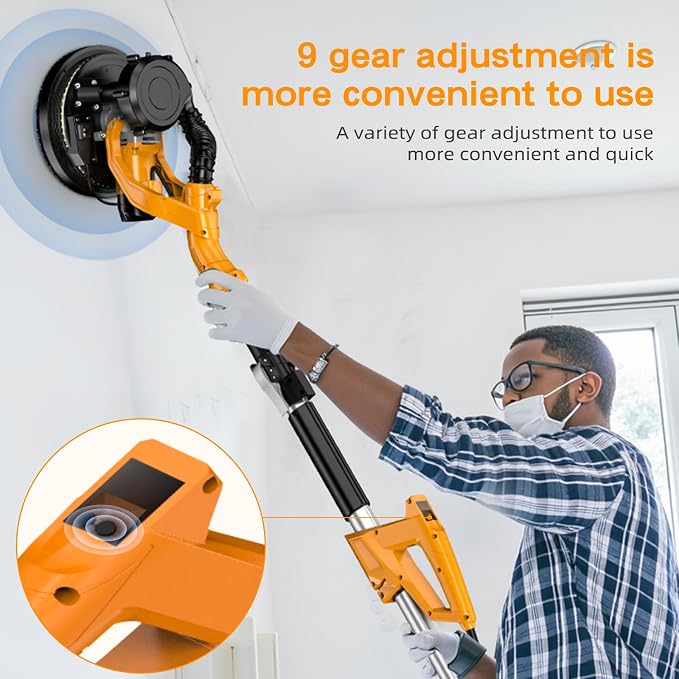 Drywall Sander Popcorn Ceiling Removal Tool with Vacuum Dust Collection 9 Variable Speed Collapsible Extendable Handle Electric Sander for Drywall with LED Light 16Pcs Sanding Discs Yellow