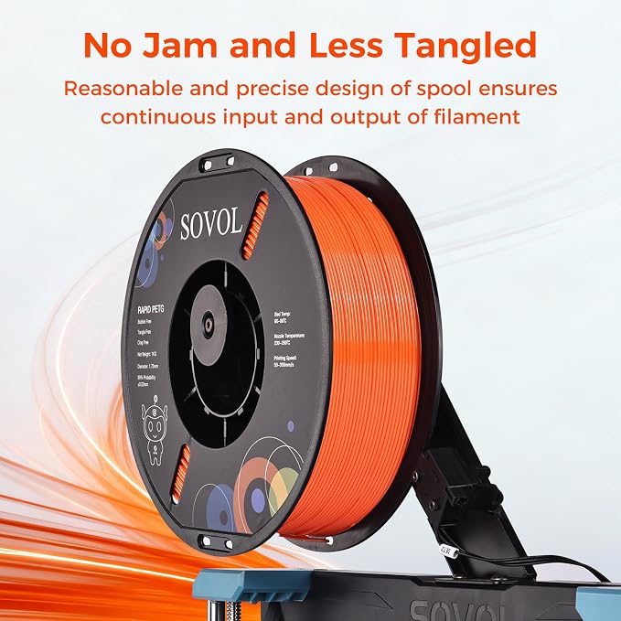 Sovol 3D Printer Rapid PETG Filament 1.75mm 1KG (2.2lbs), High Precision, Strong Toughness, Wiring Tightness, Dimensional Accuracy +/- 0.03 mm, 3D Printing High Speed PETG Filaments, Orange