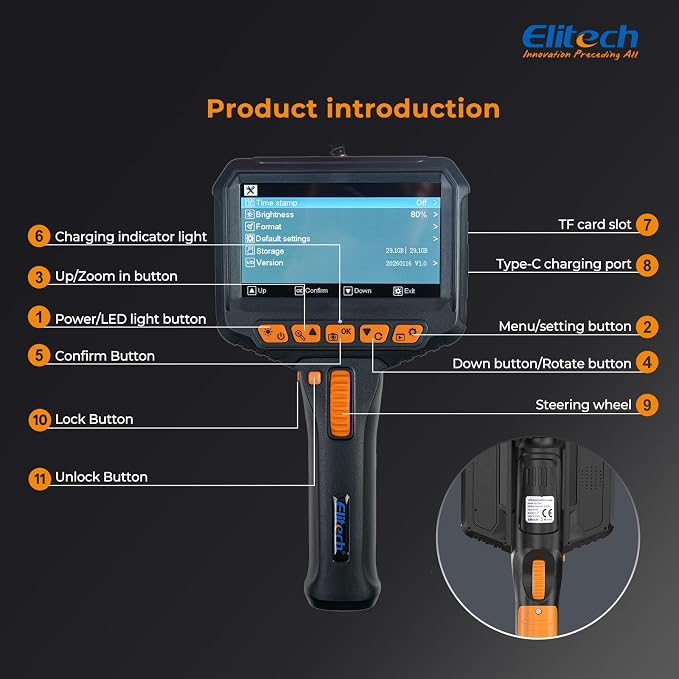 Elitech Two-Way Articulating Borescope with Light, 0.24in Slim Inspection Camera, 20,000+ Bend Life, 180° Snake Camera, 1080P 4.3" IPS Endoscope, High-Temp Protection for Automotive Mechanics