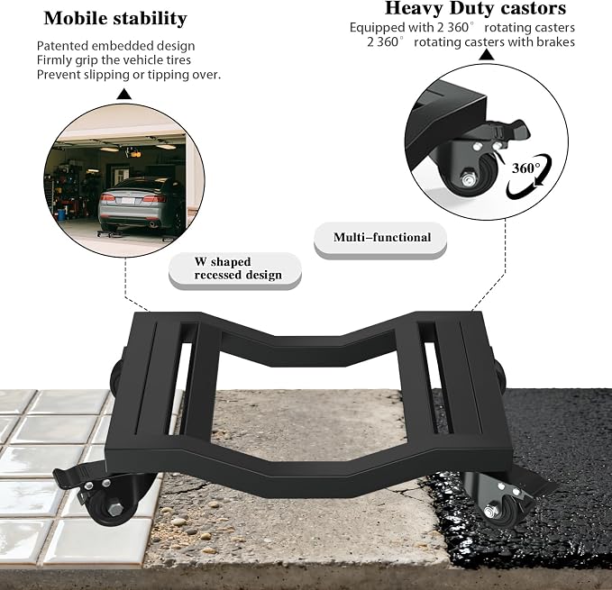 Car Dolly Set of 4, 6,800 lb Capacity - Industrial Grade Stainless Steel Vehicle Moving Dollies with Locking Caster Wheels & U-Shaped Design for Cars, SUVs, Trucks, Trailers