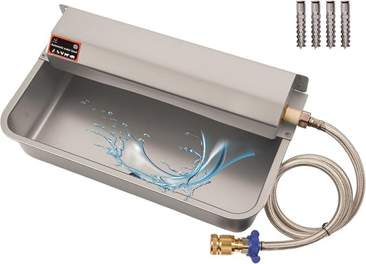 Automatic Dog Water Dispenser with Drain Hole, 304 Stainless Steel Auto Water Dog Bowl with Float Valve, Hose Quick Connect Fitting, Automatic Livestock Waterer for Horse, Chicken (2 Gallons)