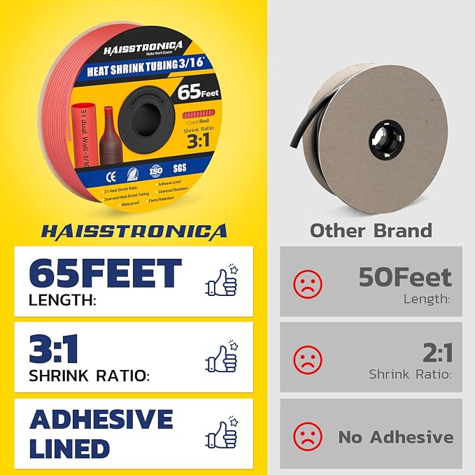 haisstronica 3:1 Heat Shrink Tubing, Shrink Ratio Adhesive Lined Marine Grade Heat Shrink Tube for Home, Automotive and Industrial (Red) 65FT 3/16inch